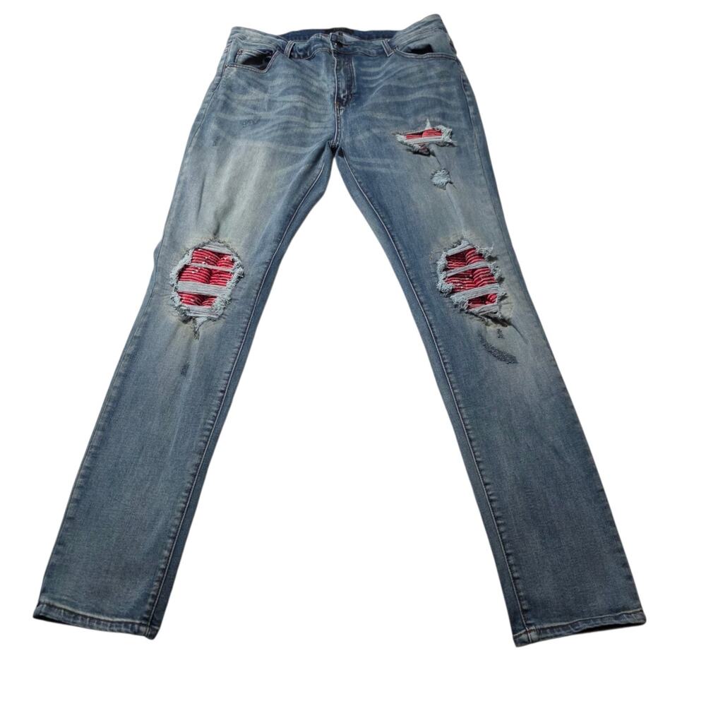 Light Blue Distressed Men’s Jeans with Red Patch Details